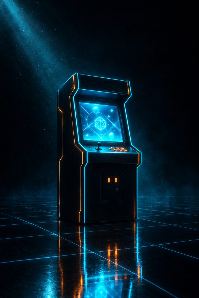 A lone arcade cabinet glowing cyan in a dark void